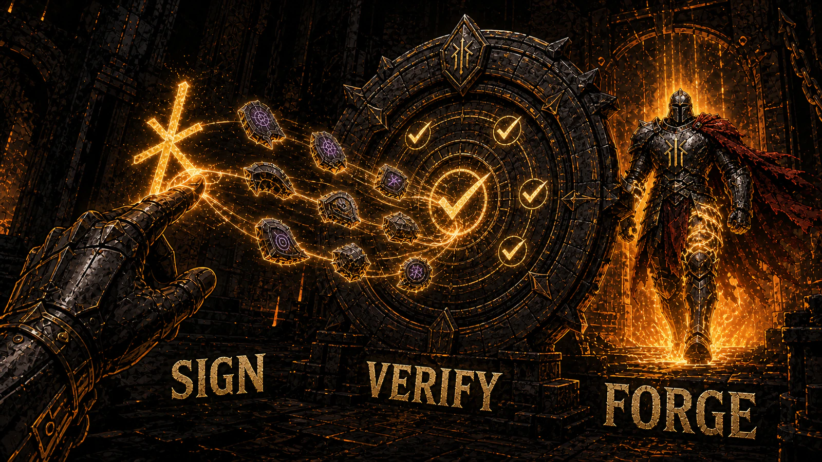 A player signs while the protocol verifies fragments and forges a Hero